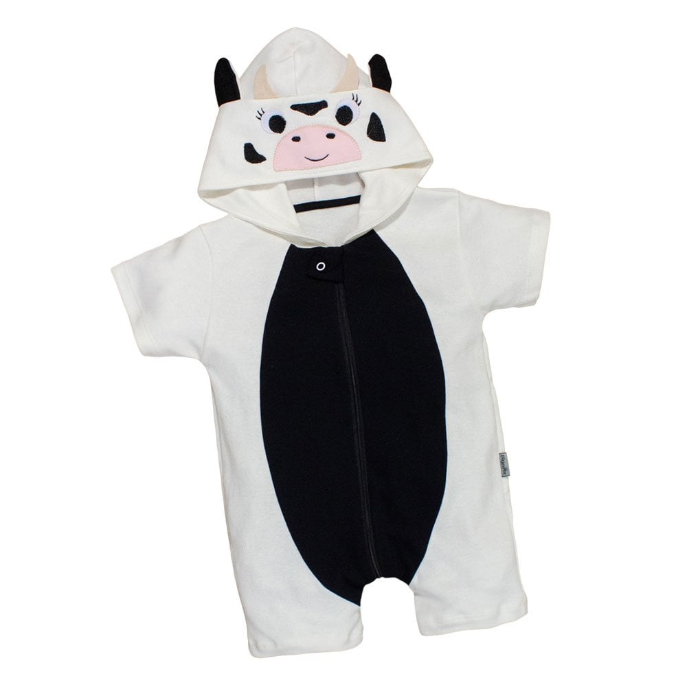 Macacão Infantil Curto Com Capuz Bordado Vaquinha Creme
