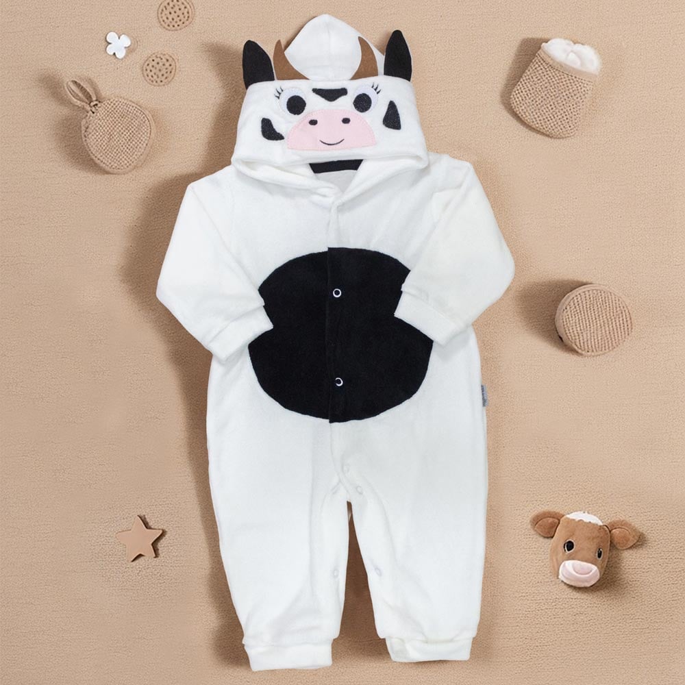 Macacão Para Bebê Em Plush Com Capuz Bordado Vaquinha Creme