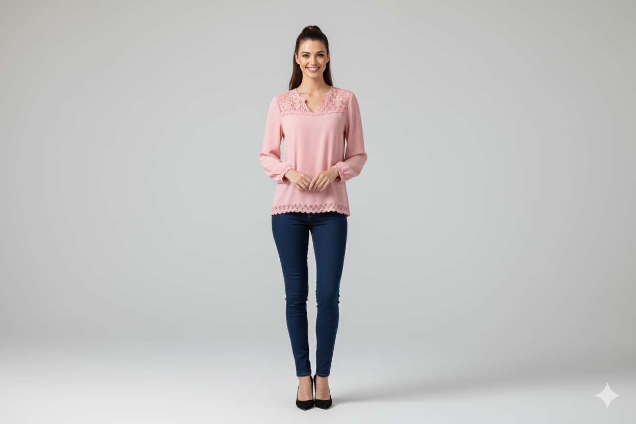 Blusa Crepe Tule No Peito Manga Longa