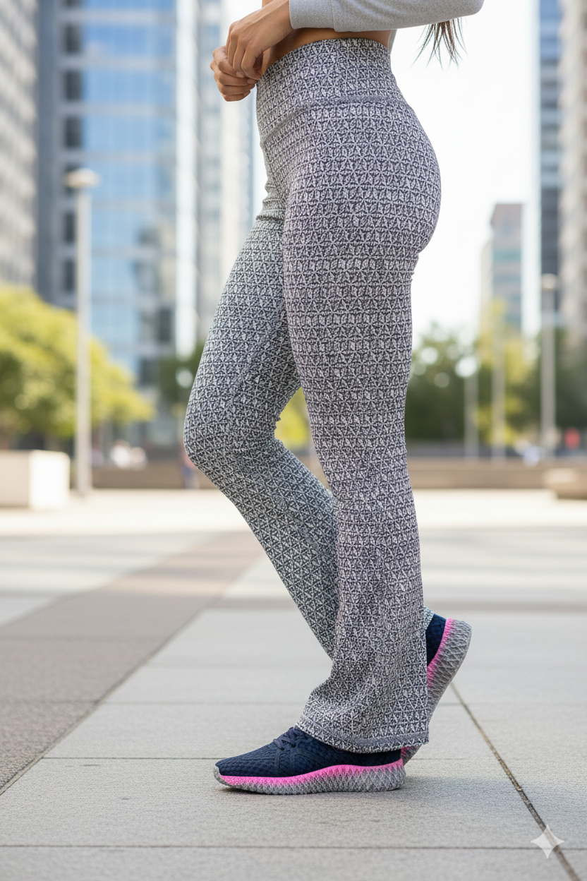 Calça Flare Crepe Jacquard Cós Alto Geométrica