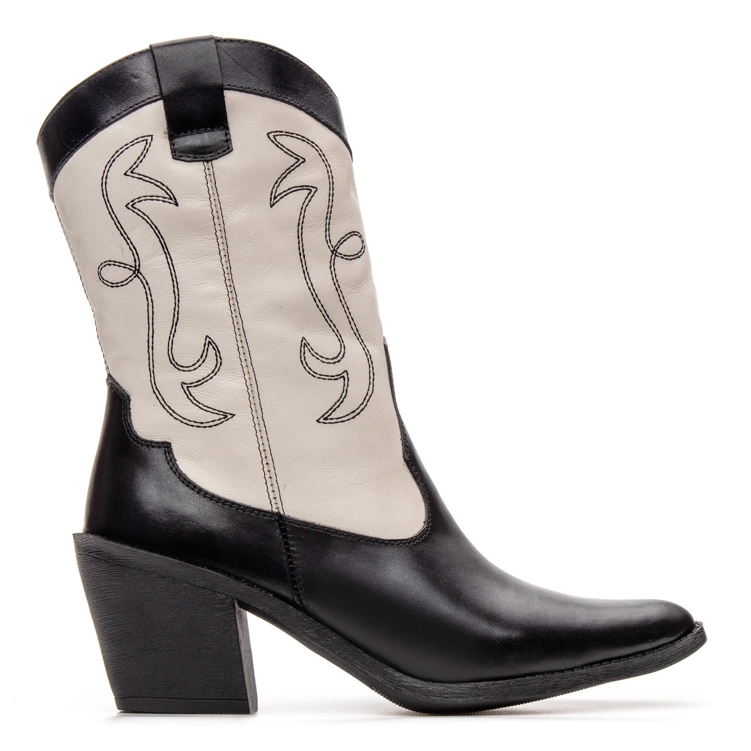Bota Texana Feminina Bárbara Barros Couro Legítimo Preto e Off White Cano Médio