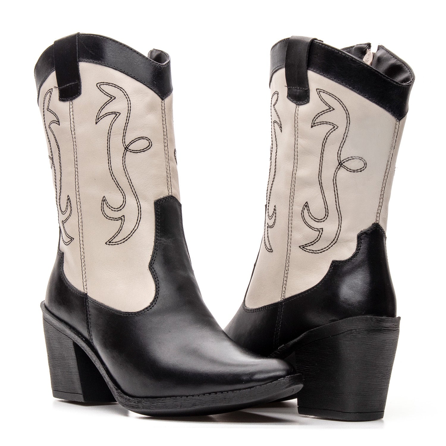 Bota Texana Feminina Bárbara Barros Couro Legítimo Preto e Off White Cano Médio