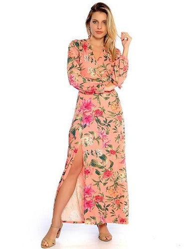 Vestido Longo Viscolycra Manga 3/4 Estampado Rosa