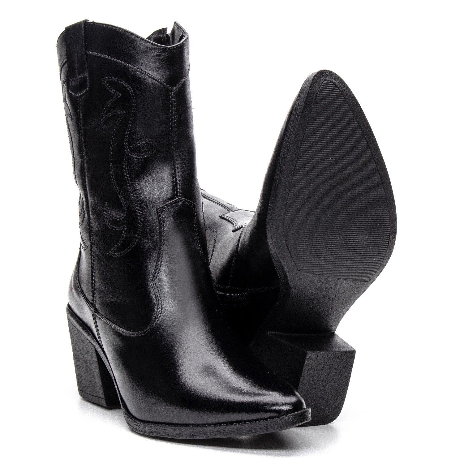 Bota Texana Feminina Bárbara Barros Couro Legítimo Preto Cano Médio