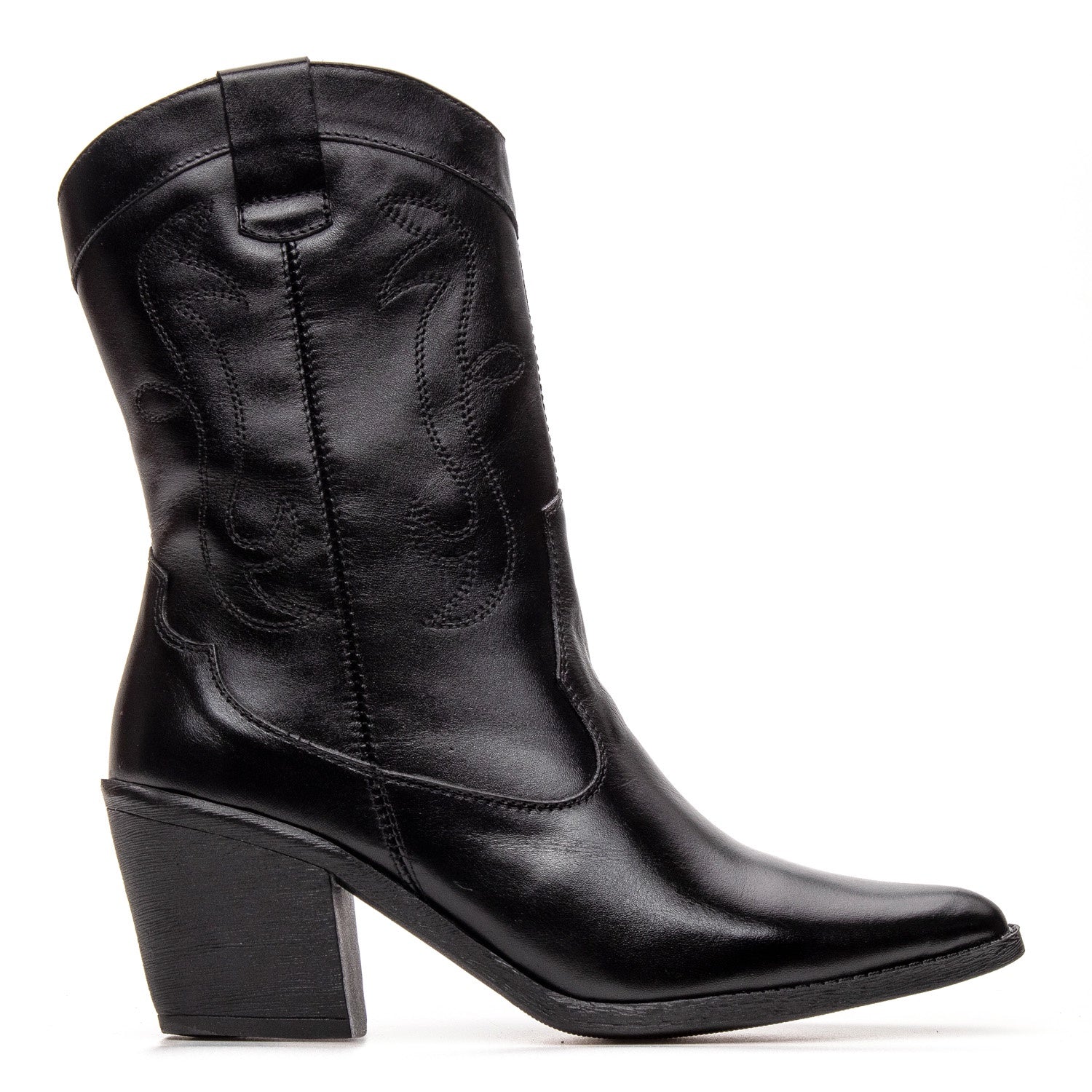 Bota Texana Feminina Bárbara Barros Couro Legítimo Preto Cano Médio